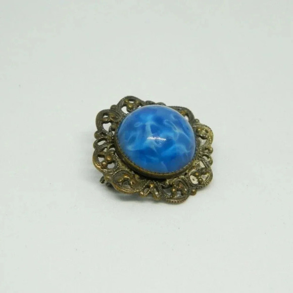 Vintage Satin Glass Brooch Blue Swirl Early Clasp - Picture 2 of 4